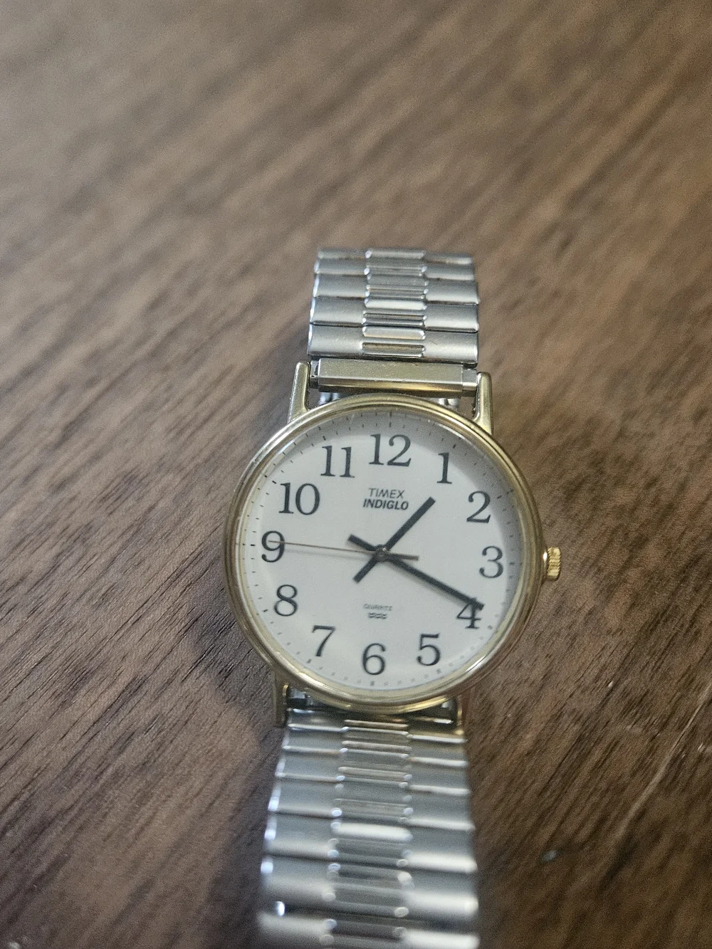 Vintage Timex Indiglo Gold Tone Mixed Metal Quartz Watch White Dial Stretch Band
